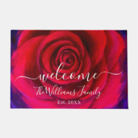 Élégant Rouge Rose Nom Script Welcome Floral