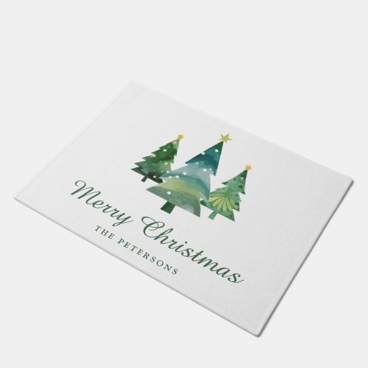 Paillasson Élégant Script Aquarelle Arbres de Noël (Incliné)