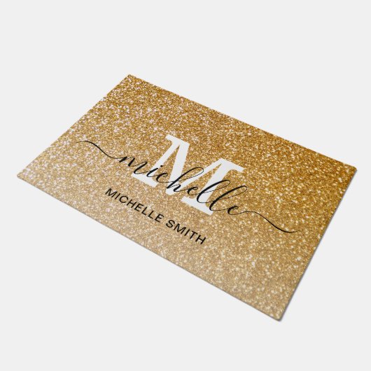 Paillasson Elegant Script personnalisable Monogramme Nom Or (Incliné)