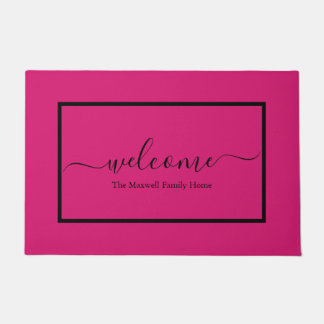 Paillasson Élégant script rose noir nom de famille bienvenue