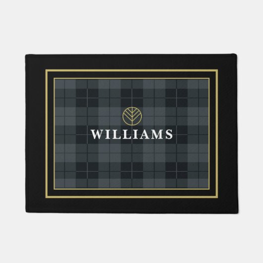 Paillasson Élégant Tartan Noir Plaid Monogramme (Devant)
