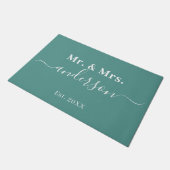 Paillasson Élégant Turquoise M. Et Mme Nom Mariage de script (Incliné)