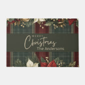 Paillasson Élégant vert Plaid Rouge Poinsettia Nom Noël (Devant)