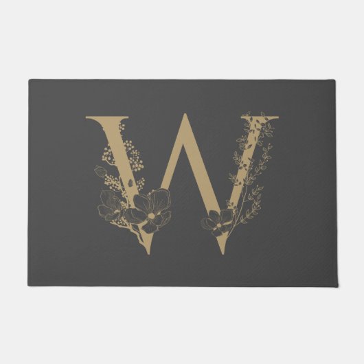 Paillasson Élégant W Boho Floral Monogramme initial Gris Or (Devant)