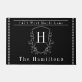 Paillasson Élégante adresse monogramme de famille noire et bl (Devant)