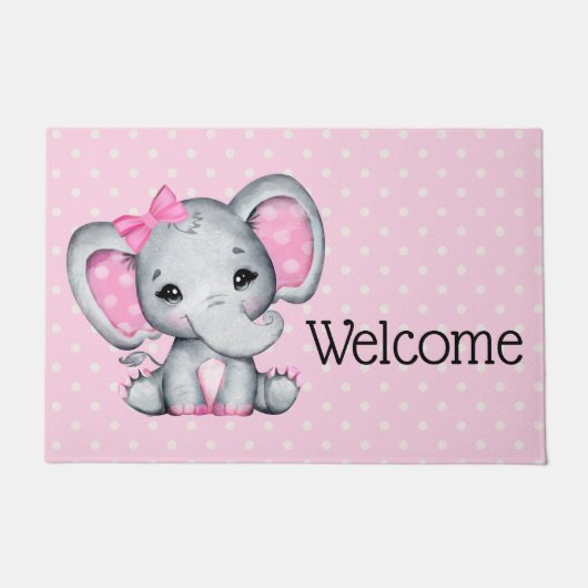 Paillasson Eléphant de bébé rose mignon avec oreilles Poka Do (Devant)