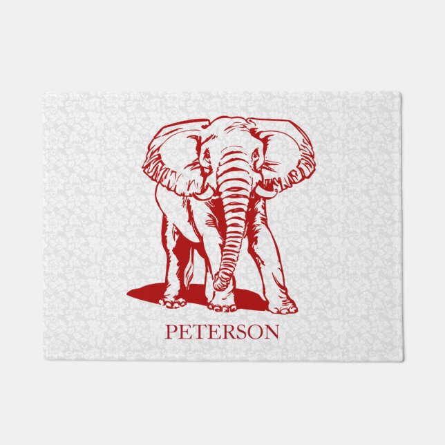 Paillasson Eléphant Rouge Sur Damas Blanc (Devant)