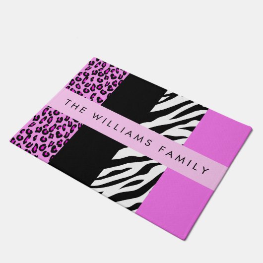 Paillasson Empreinte de léopard, Zebra Print, Rose, Votre nom (Incliné)