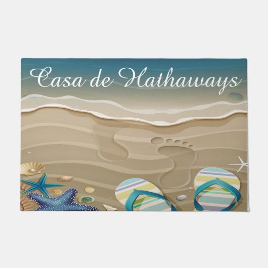 Paillasson Empreintes de plage dans le sable, tongs, coquille (Devant)