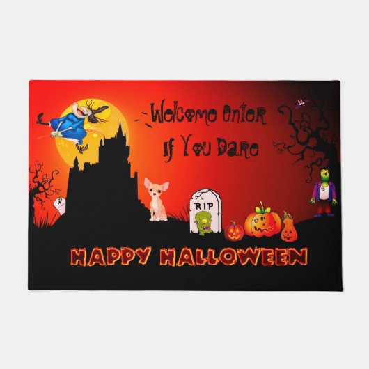 Paillasson Entrez Si Vous Osez Joyeux Halloween (Chihuahua) (Devant)