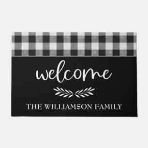Paillasson Farmhouse moderne Black Buffalo Plaid Nom de famil