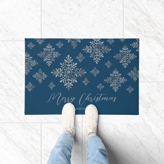 Paillasson Faux Gris Foil Faux Flakes À Neige Sur Bleu (Pas V (Intérieur)