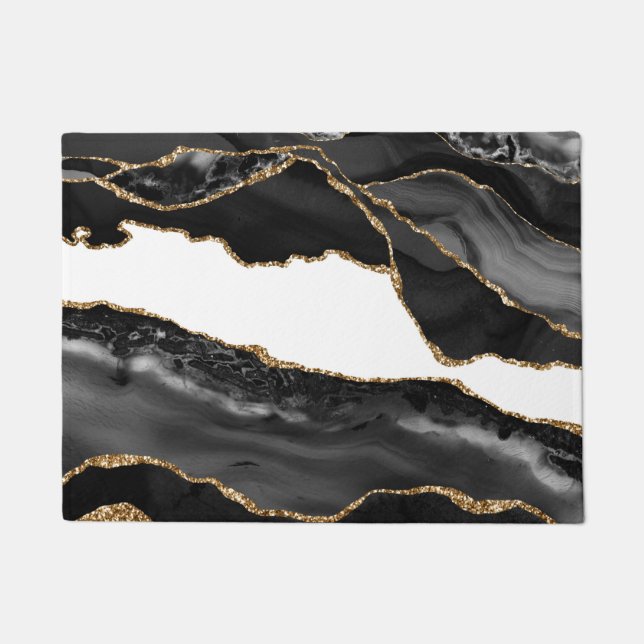 Paillasson Faux Marblé Agate Black Stone Luxe Or (Devant)