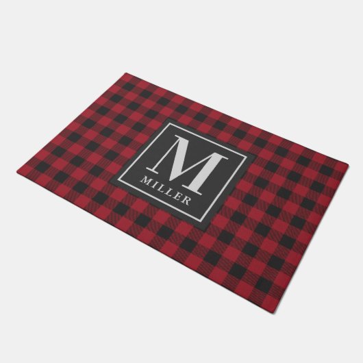 Paillasson Ferme Black Red Buffalo Plaid Custom Monogramme (Incliné)