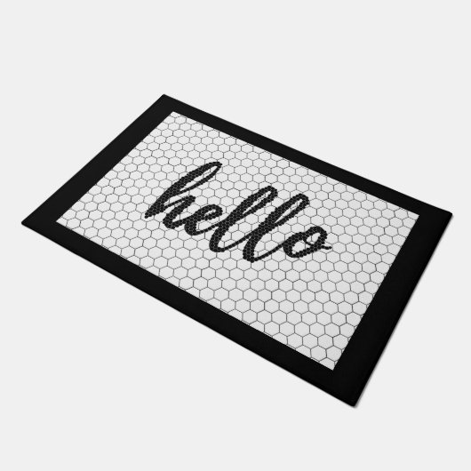 Paillasson Ferme Hello Script noir et blanc Faux Tile (Incliné)