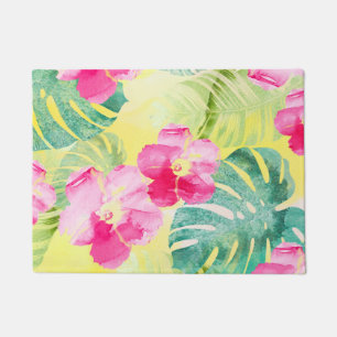 Paillasson Feuilles de palmiers tropicaux et fleurs d'hibiscu