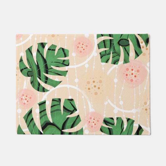 Paillasson Feuilles Monstera sur rose. (Devant)