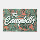 Paillasson Feuilles tropicaux Script vert Nom de famille mat  (Devant)