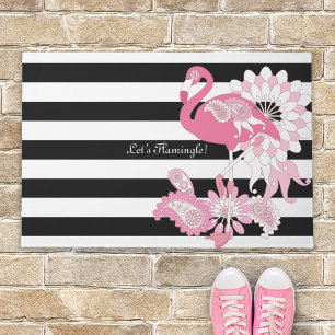 Paillasson Flamant Rose Fantaisiste Rayé Noir et Blanc
