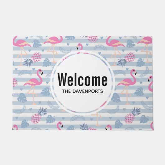 Paillasson Flamant rose Whimsical et ananas Motif Bienvenue (Devant)