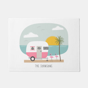 Paillasson Flamants roses de plage de Pink Camper Vintage