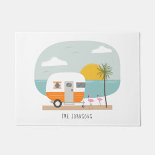 Paillasson Flamants roses de plage Vintage Orange Camper