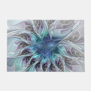 Paillasson Fleur Abstraite Fractale Moderne Avec Bleu