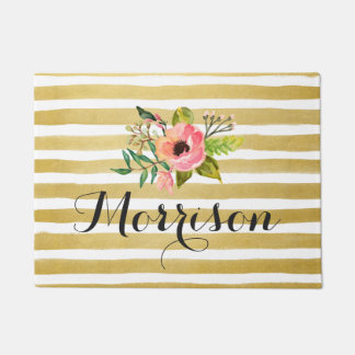 Paillasson Fleur Aquarelle Chic avec Bandes Blances Or