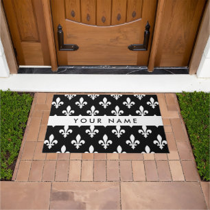 Paillasson Fleur de Lis, Blanc sur Noir, Blanc, Votre Nom