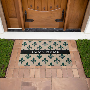 Paillasson Fleur de Lis, Vert sur Beige, Royal, Votre Nom