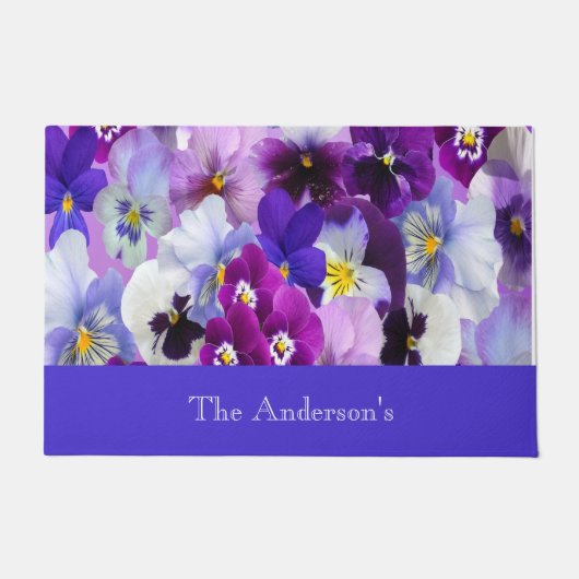 Paillasson Fleur florale bleu violet blanc personnalisé (Devant)
