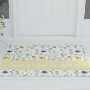 Paillasson Fleur sauvage aquarelle bleu jaune rose Phrase