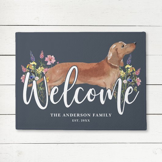 Paillasson Fleur sauvage Dachshund Bienvenue bleu