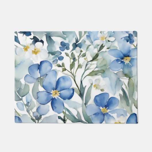 Paillasson Fleurs Bleues Blancs Aquarelle Chic (Devant)