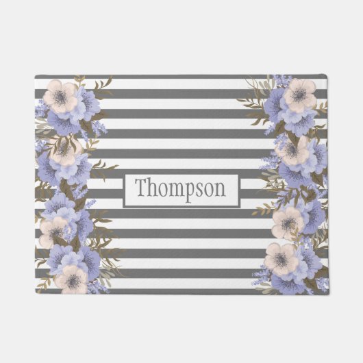Paillasson Fleurs bleues rouillées Trente monogramme rayures  (Devant)