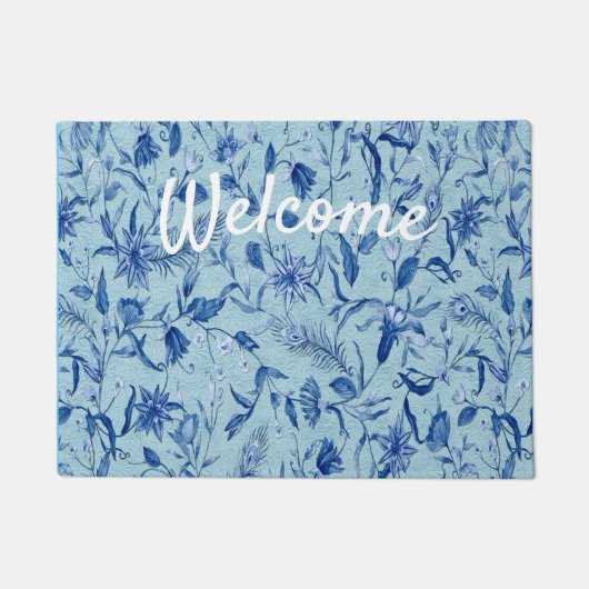 Paillasson Fleurs bleues turquoises sur support de texture sc (Devant)