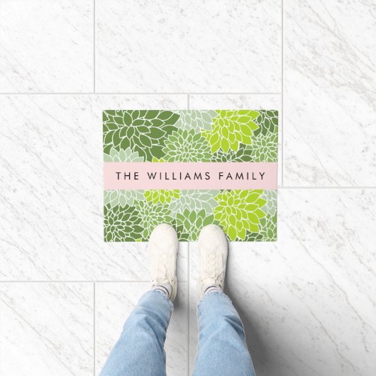 Paillasson Fleurs Dahlia Vertes, Motif Floral, Votre Nom (Intérieur)
