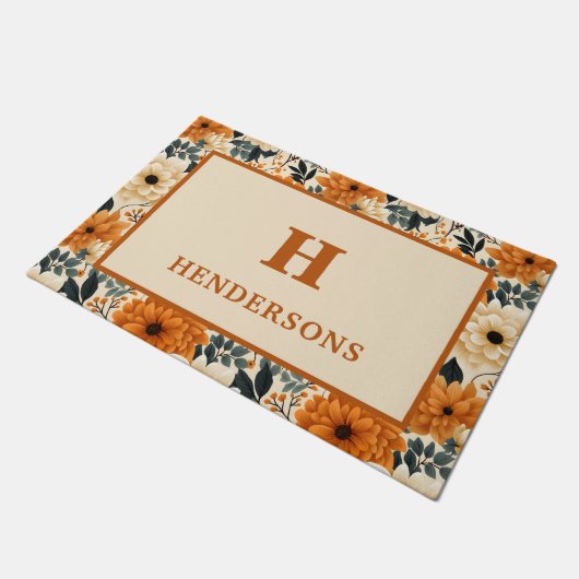 Paillasson Fleurs d'automne Monogramme Nom de famille Bienven (Incliné)