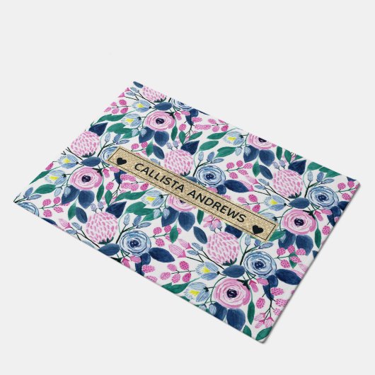 Paillasson Fleurs de marine rose douce Aquarelle or Monogramm (Incliné)
