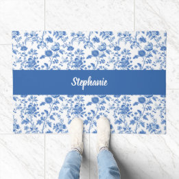 Paillasson Fleurs de toile personnalisées vintage bleu blanc