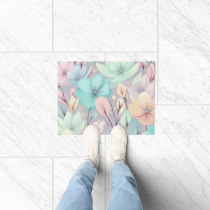 Paillasson Fleurs pastel et Feuilles sur Arrière - plan viole
