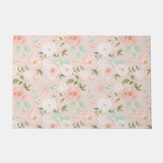 Paillasson Fleurs Roses d'aquarelle en rose et en rose (Devant)
