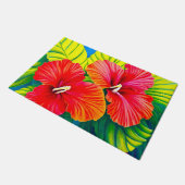 Paillasson Fleurs rouges d'hibiscus hawaïen avec feuilles ver (Incliné)