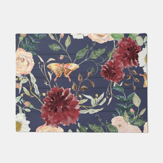 Paillasson Floral Navy Bourgogne Bois rustique avec feuillage (Devant)