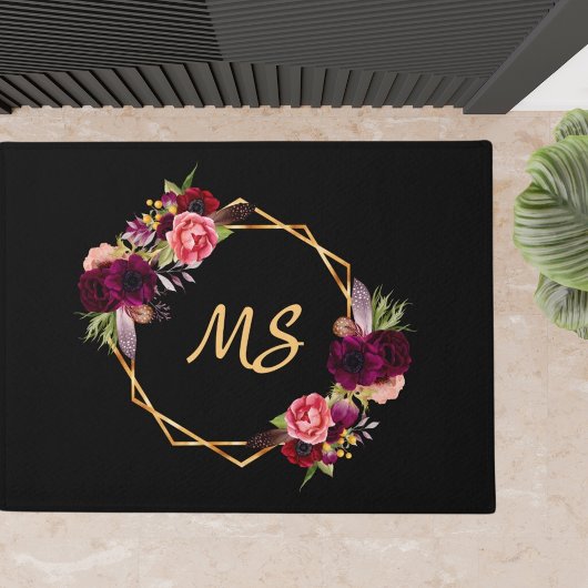 Paillasson Floraux d'or noir initiales en monogramme rose