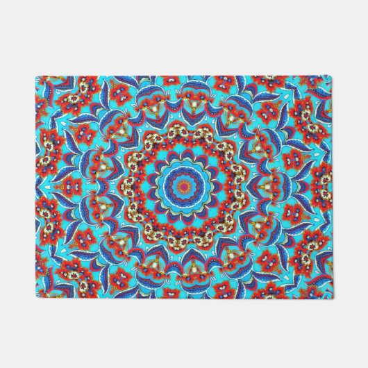 Paillasson Flore Turquoise bleu Mandala Boho (Devant)