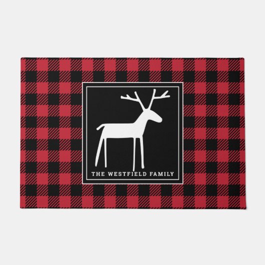 Paillasson Folk Art Deer Red Black Buffalo Nom de la plaque (Devant)