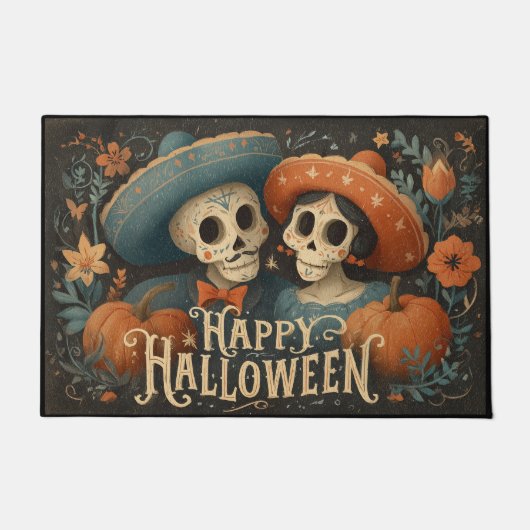 Paillasson Folk Skull Couple with Pumpkins Happy Halloween (Devant)