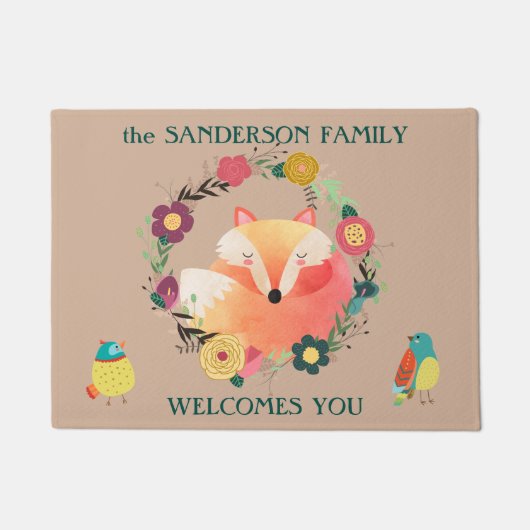 Paillasson Fox somnolent mignon en guirlande florale (Devant)