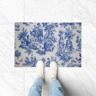 Paillasson Française toile de jouy bleu et blanc élégant